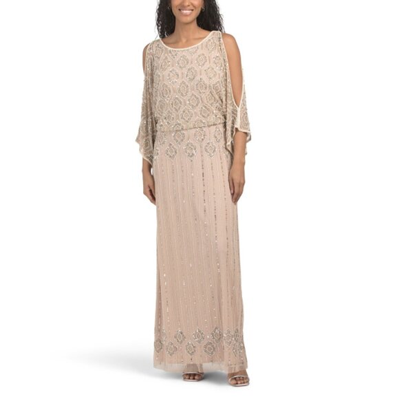 PISSARO NIGHTS Pearl Long Sleeve Beaded Blouson Gown - Picture 1 of 2